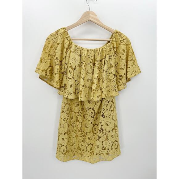 Poema Yellow Lace Floral Off Should Tunic Top Mini Dress Layered Women Small/Med - Picture 1 of 9
